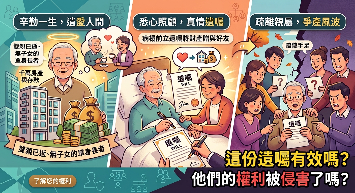 單身無子女遺產留給好友,兄弟姊妹能搶嗎?遺囑特留分與繼承權全解析